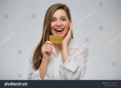 Happy Excited Woman White Shirt Holding Stock Photo 2213545587