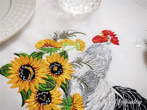 Rooster In A Thicket Of Sunflowers Machine Embroidery Design Sizes