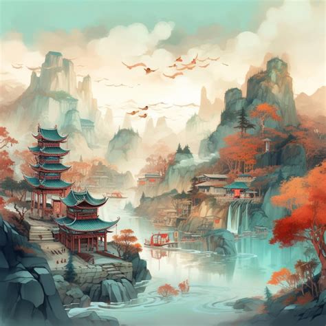 Pintura De Un Paisaje Chino Con Una Cascada Y Pagoda Generativa Ai