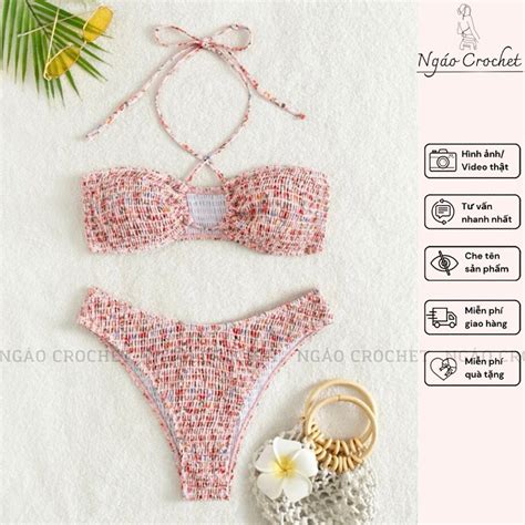 Sẵn Bộ Bikini Thun nhún Mảnh hoa nhí dễ thương áo quây ngang cột dây chất liệu co dãn có mút