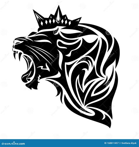 Roaring King Lion With Royal Crown Black Vector Head Design Stock