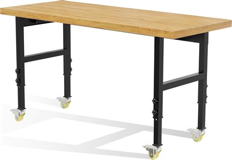 Odaof 60” Heavy-Duty Wood Workbench with Wheels, Adjustable Height ...