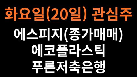 화요일20일 관심주 에스피지종가매매 에코플라스틱 푸른저축은행테마금리인상관련주 로봇 환율방어 Youtube