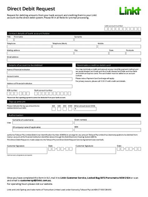 Fillable Online Linkt Direct Debit Form Form To Set Up Direct Debit On