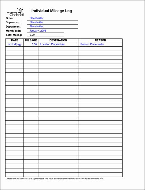 8 Printable Vehicle Mileage Log Template - SampleTemplatess ...