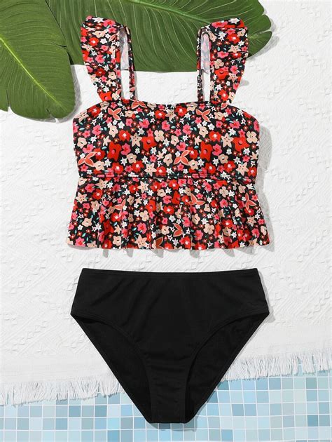 SHEIN garotas adolescentes Biquíni impressão floral dits bainha