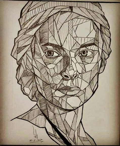 A Drawing Of A Woman S Face Made Up Of Geometric Shapes And Lines On Paper