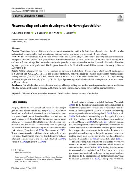 Pdf Fissure Sealing And Caries Development In Norwegian Children