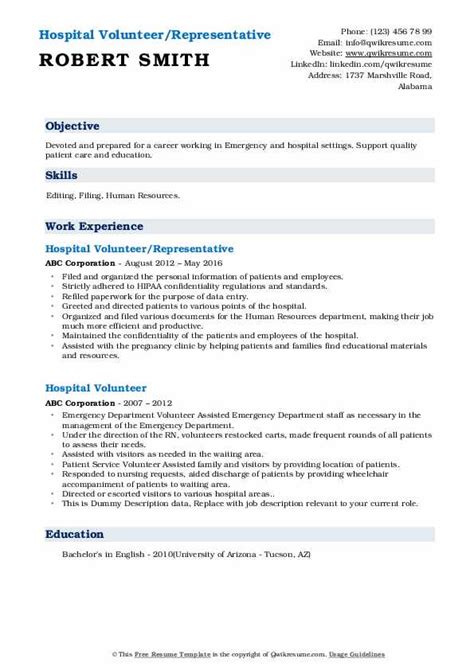 Hospital Volunteer Resume Samples | QwikResume