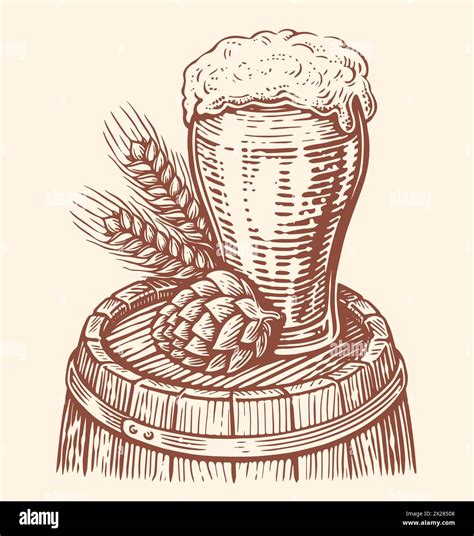 Glass Of Beer On Wooden Barrel Brewery Beer Pub Concept Hand Drawn Sketch Vector Illustration