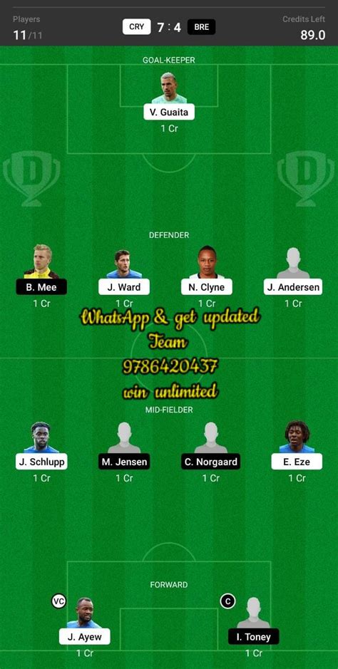 CRY Vs BRE Dream11 Team Fantasy Prediction Premier League