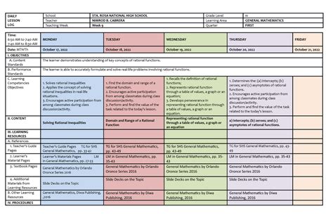 Gm Dll Week N A Daily Lesson Log School Sta Rosa National High