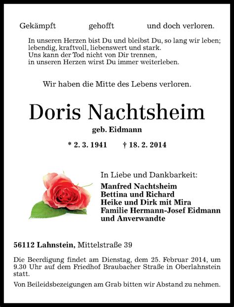 Traueranzeigen Von Doris Nachtsheim Rz Trauer De