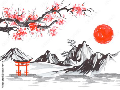 Japan Traditional Sumi E Painting Fuji Mountain Sakura Sunset Japan