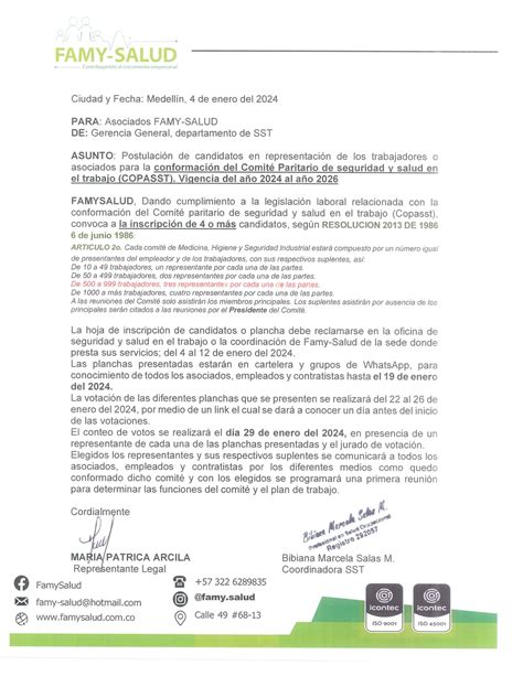 Inscripciones Para Ser Parte Del Copasst Y ComitÉ De Convivencia