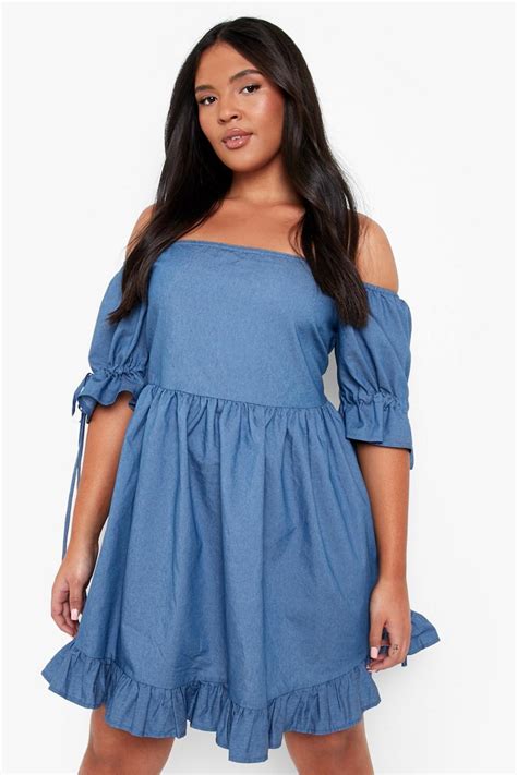 Womens Plus Chambray Puff Sleeve Smock Dress Boohoo Uk