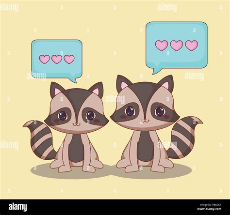 Kawaii Raccoons In Love Over Yellow Background Colorful Design Vector