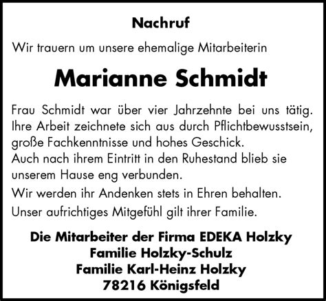 Traueranzeigen Von Marianne Schmidt Schwarzw Lder Bote Trauer