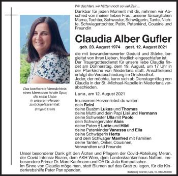 Traueranzeigen Von Claudia Gufler Trauer Bz