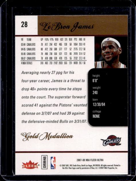 2007 08 NBA Fleer Ultra LeBron James Gold Medallion 28 Cavaliers EBay