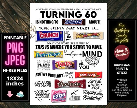 60th Birthday Printable Candy Poster Birthday Candy Sign Etsy