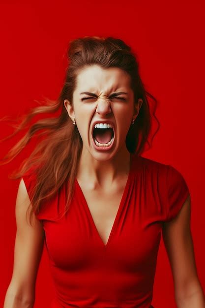 Premium Photo Angry Woman Screams Against A Red Background