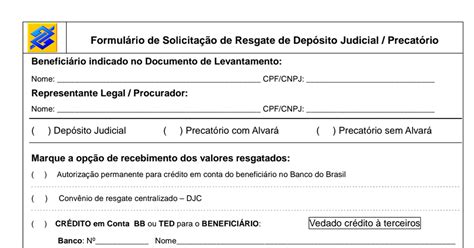 Formul Rio De Solicita O De Resgate De Dep Sito Judicial Precat Rio