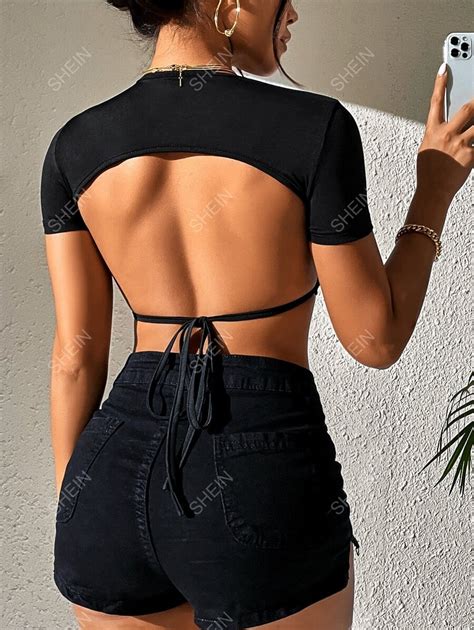 Shein Petite Camiseta Corta Sin Espalda Con Lazo S Lida De Verano