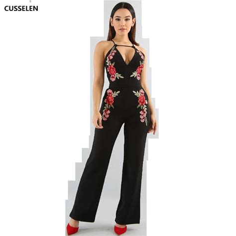 Bodysuit Women Black Embroidery Floral Jumpsuit Rose Backless Rompers