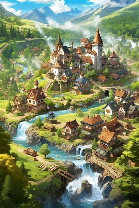 Fantasy Village Painting with Mountain Range and River