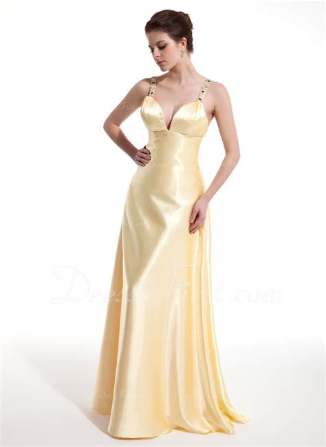 A Line Princess V Neck Floor Length Charmeuse Prom Dress With Ruffle