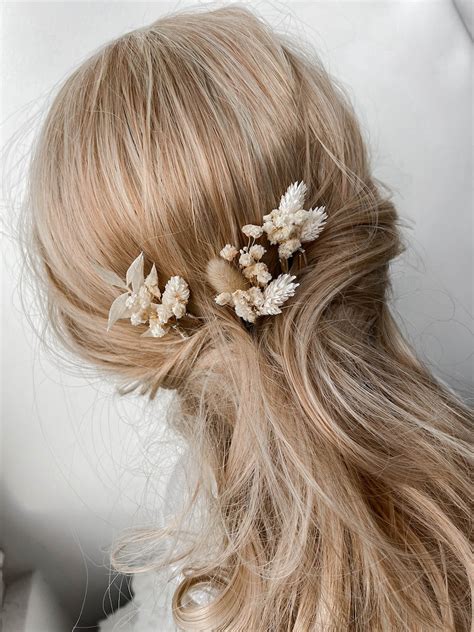 Boho Dried Flower Hair Pins White Bohemian Wedding Flower Etsy