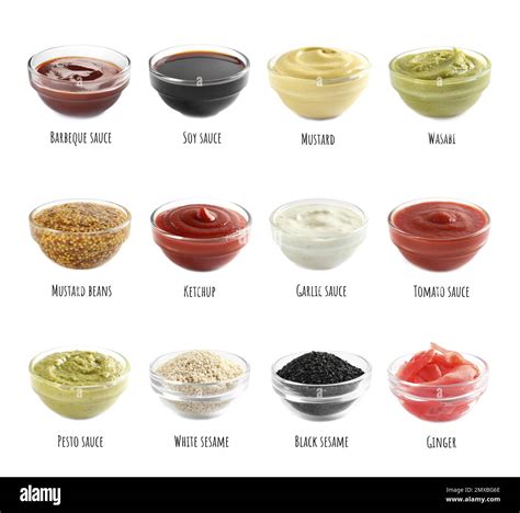 Set Of Different Delicious Sauces And Condiments With Names On White