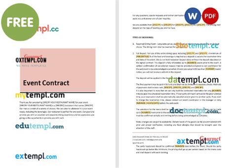 Restaurant Event Contract Template Word And Pdf Format Gotempl Templates With Design Service