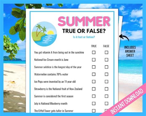 Summer Trivia Game Summer True Or False Summer Fact Or Fiction Game Summer Printable Games