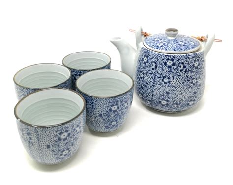 Tj Global Chinese Japanese Porcelain Tea Set With Blue Flora