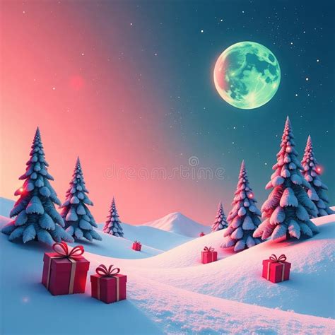 Surreal Christmas Banner Snowy Landscape With Firs Red Gifts In Snow