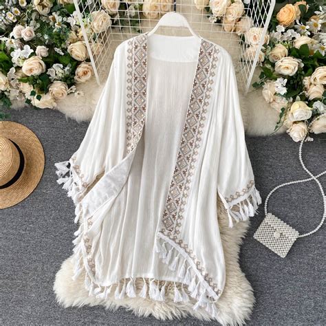 Katoen Kimono Etnische Borduren Robe Vrouw Lange Blusa Vest S Ver O