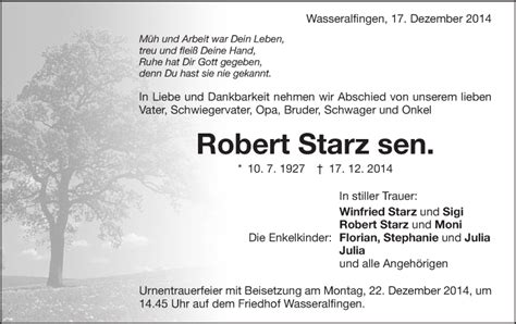 Traueranzeigen Von Robert Starz OstalbTrauer