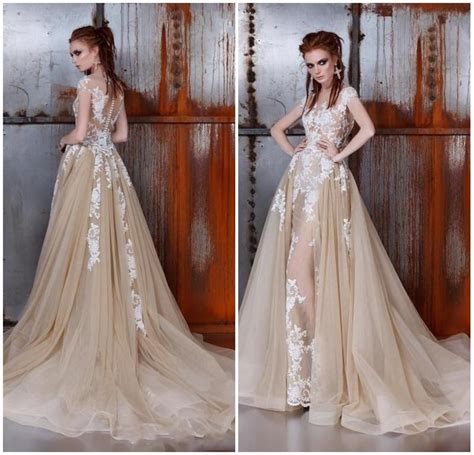 Gorgeous Ange Etoiles Lace Wedding Dresses 2016 Detachable Train Champagne Sheer Cap Sleeve