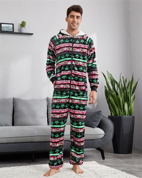 Mens Christmas Onesie Flannel One Piece Pajamas Christmas Tree Pattern ...