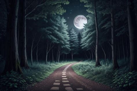 Un Camino Por El Bosque Con La Luna Al Fondo Foto Premium