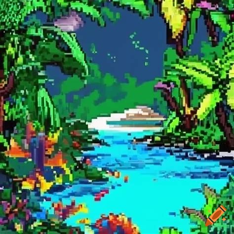 Pixel Art Tropical Paradise With Beaches Jungles And Tropical Animals