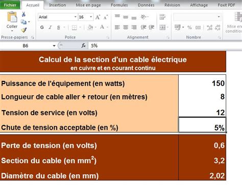 Excel De Calcul De Section De C Ble Lectrique Cours G Nie Civil