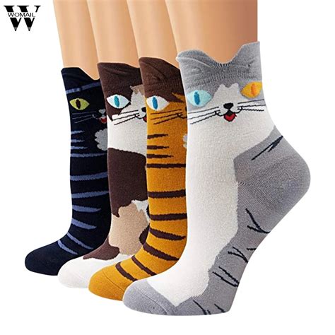 Stock 4 Pair Women Socks Women Students Funny Socks Cute Cartoon Fun