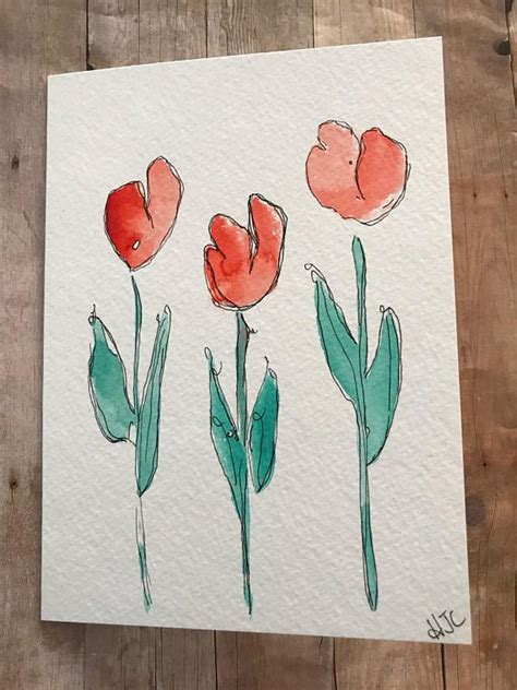 Red Tulip Card Watercolor Tulip Card Hand Painted Tulip Card One Of A