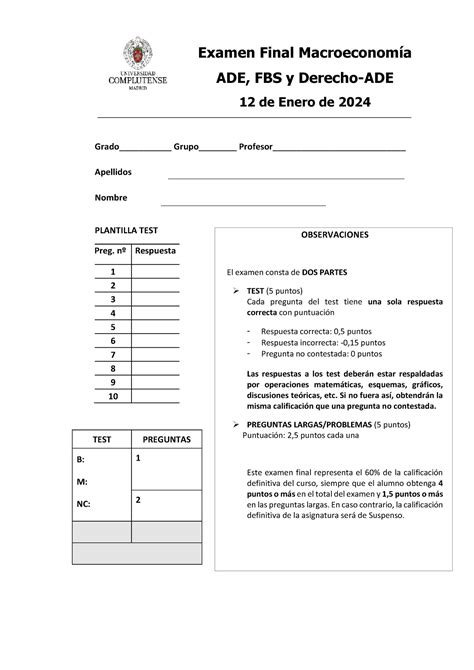 Exm Enero Solucion Examen Final Macroeconom A Ade Fbs Y Derecho