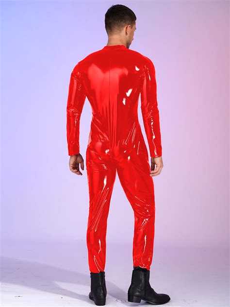 Mens One Piece Patent Leather Bodysuit Latex Bodycon Jumpsuit Catsuit