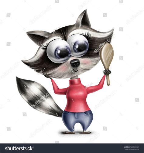 Cartoon Raccoon Girl Looks Mirror Raccoon Stock Illustration 1263945967