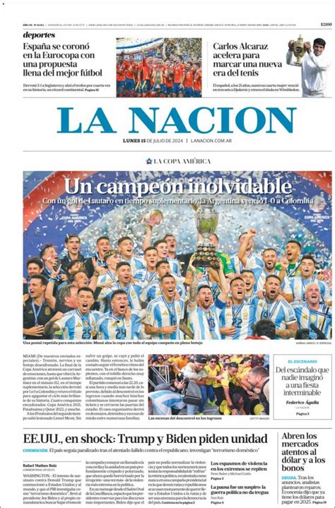 Periódico La Nación Argentina Periódicos De Argentina Edición De Lunes 15 De Julio De 2024